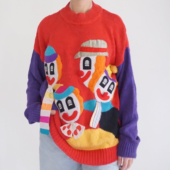 Vintage Nuggets Red Purple Cotton Blend Clown Circus Applique Knit Sweater L - Picture 1 of 10